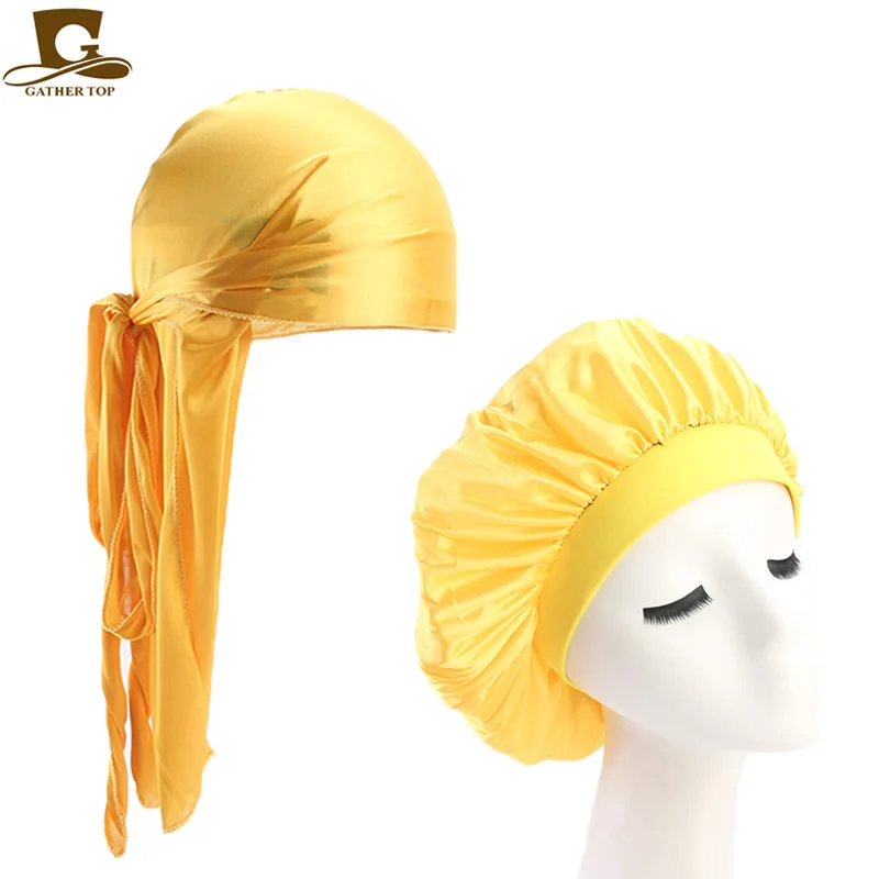 Sombrero de dormir para hombre y mujer, gorro con cola larga y correas anchas, color sólido y sedoso, cómodo