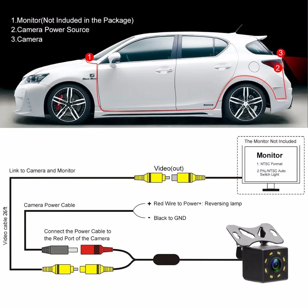 Podofo Car Rear View Camera Universal LED Night Vision Backup Parking Reverse Camera Waterproof 170 Wide Angle HD Color Image