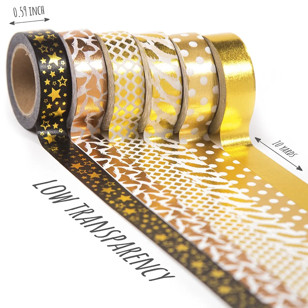 1 piece Gold Washi Tape Set 6 rolls, Decorative Craft Tapes Kit of Cute Patterns for Scrapbooking, DIY Projects