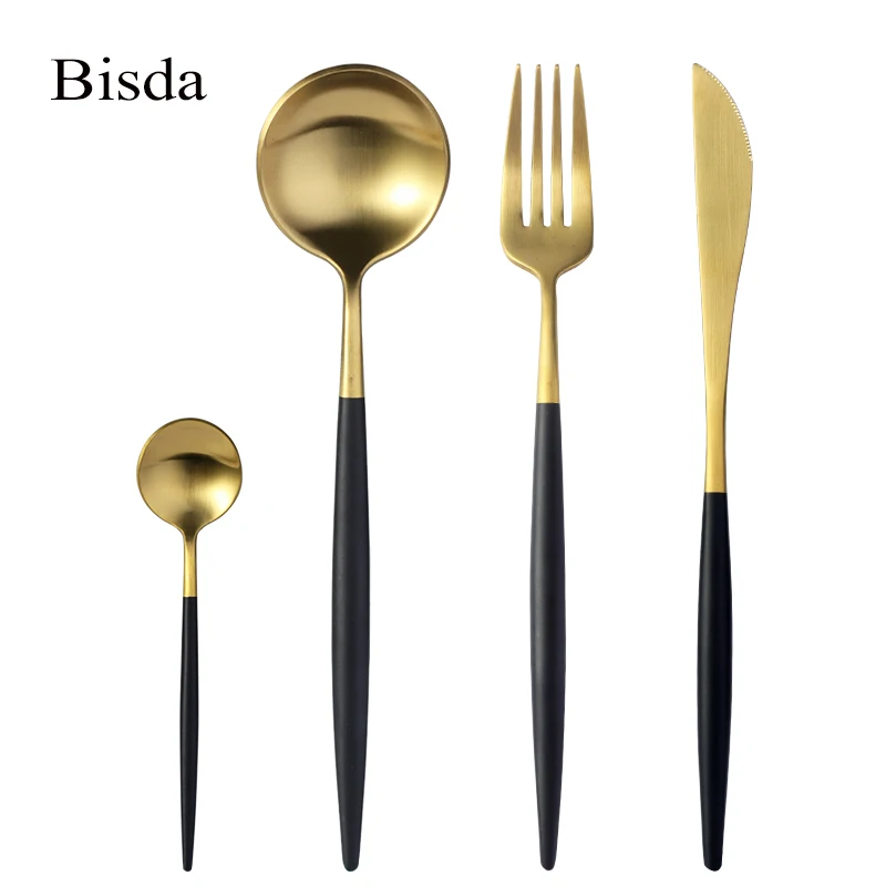 

Luxury Black Cutlery Dinnerware Set 24 Pcs Stainless Steel Black Handle Gold Cutlery Tableware For 6 Persons in Restaurant