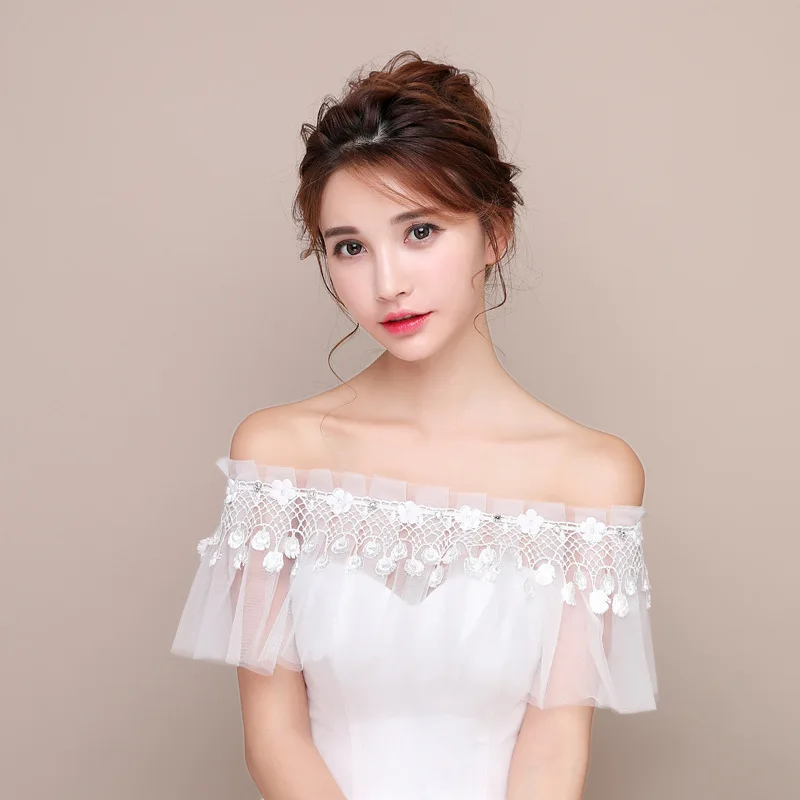 2019 New Spring Summer Bridal Shawl Lace Flower Bride Shawl Wedding Dress Accessories Off the Shoulder Beaded Crystal