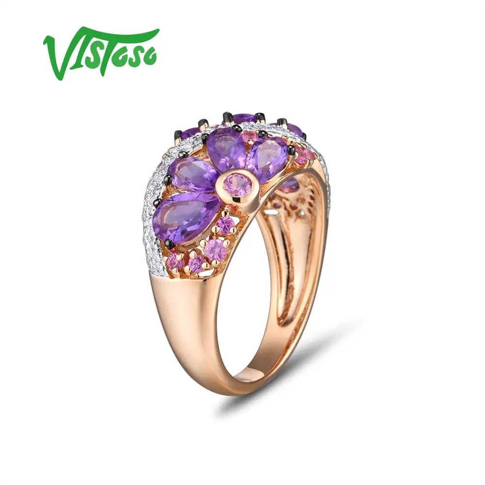 VISTOSO Genuine 14K Rose Gold Ring For Women Shimmering Diamond Fancy Pink Sapphire Amethyst Fantastic Wedding Band Fine Jewelry