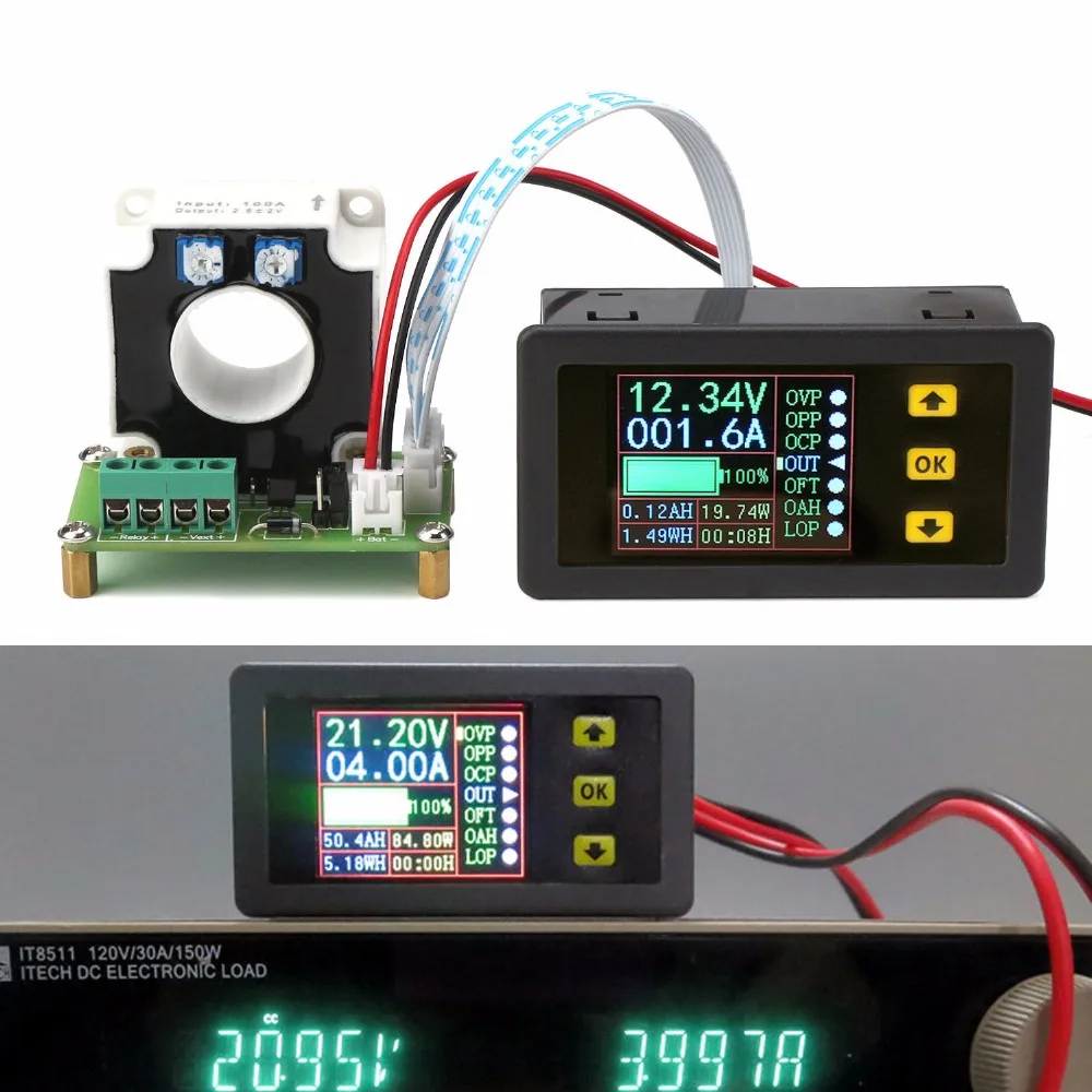 0-500A Hall Coulomb Meter Multimeter LCD DC Bidirectional Voltage Current power Capacity time Battery Monitor Charge Discharge