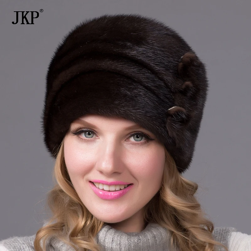 Russian Winter Fur Hat For Women Genuine Mink Fur Cap With Flower Style 2024 New Hot Warm High Quality Elegant Ladies Hat DHY-64