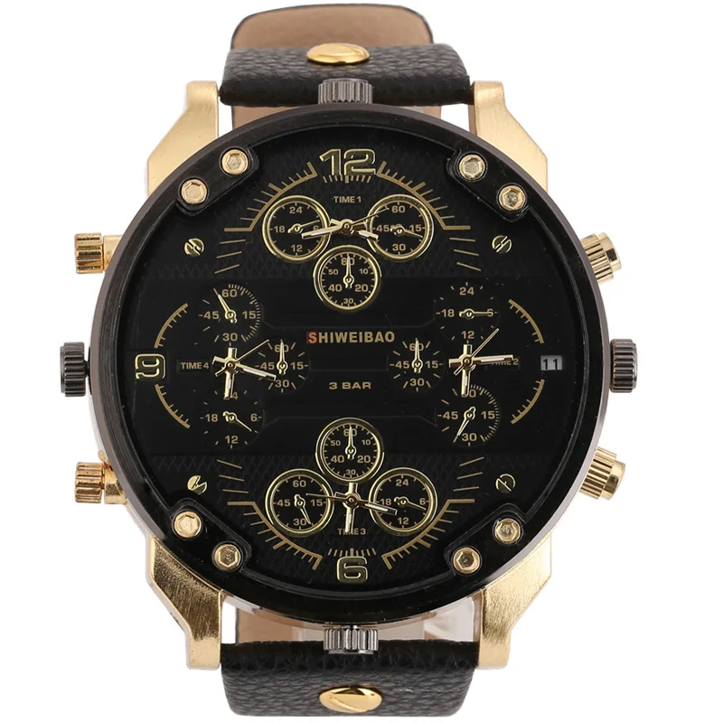 Shiweibao-Relojes de cuarzo para Hombre, pulsera militar de cuero, de marca superior, de lujo, con cuatro zonas horarias