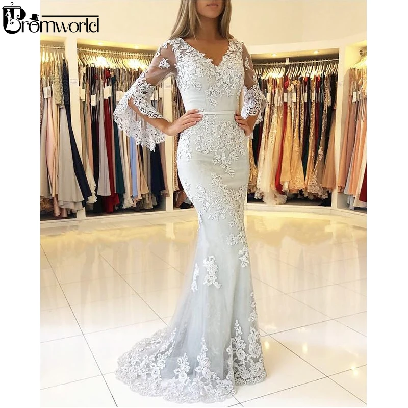 

Ivory Prom Dresses 2021 Lace V-Neck Party Maxys Mermaid Long Prom Gown with Beading Custom Made vestidos de fiesta de noche