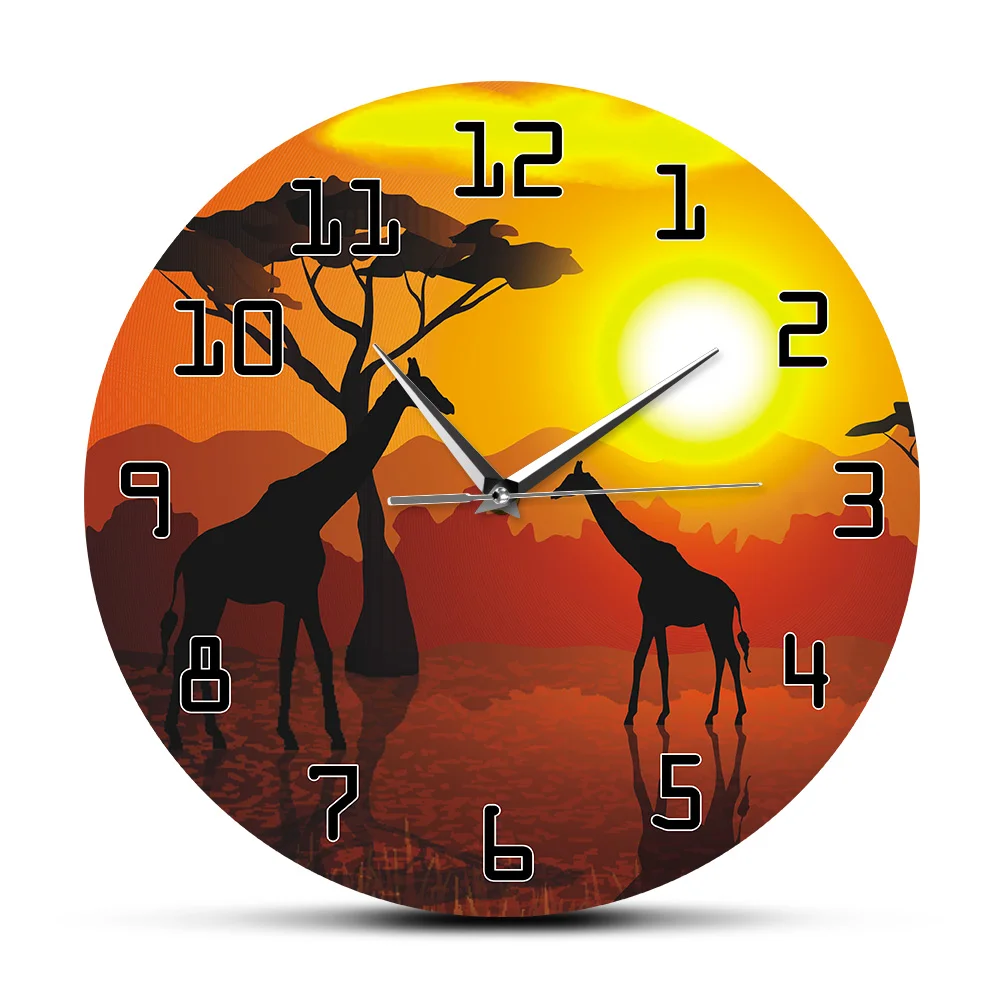 Wildlife Giraffe Wall Art Decorative Wall Clock Serengeti African Sunset Savannah Safari Wall Decor Hanging Timepiece Wall Watch