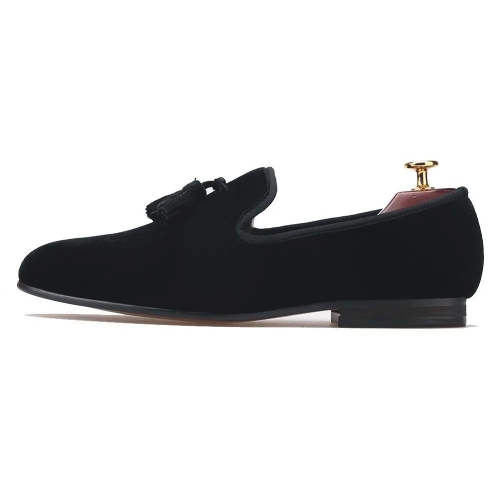 

New Handmade Mens Shoes Casual Black Velvet Tassel Loafers Flats Smoking Slippers Party Dress Prom Shoes Plus Size US 7-13