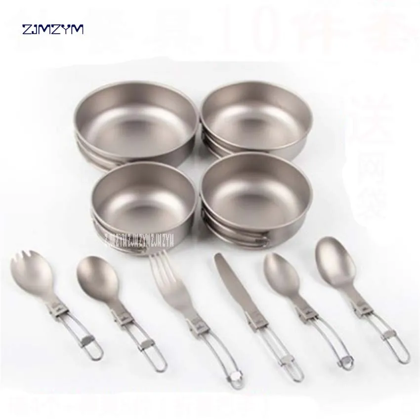 Ti5374 one Set 10 Pieces Titanium Material Bowl Outdoor Camping Tableware Outdoor camping picnic daily titanium tableware Spork