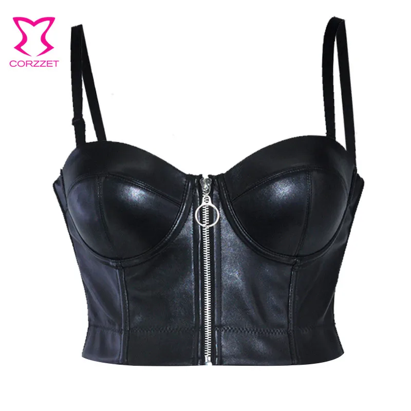 Steampunk Strap Padded Sexy Bra Bustier Cropped Top Vest Black Faux Leather Zipper Night Club Wear Bralet Streetwear Women