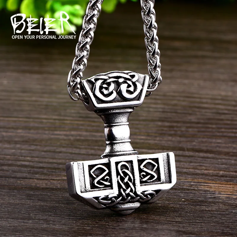 Beier 316L Stainless Steel Viking Hammer Amulet Men\'s Necklace Pendant Nordic Gods Weapons High Quality Jewelry （Only Pendant)）