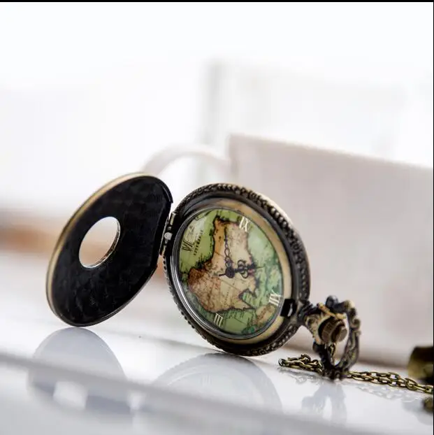 Vintage Fashion quartz 12 zodiac Hollow out world map mens and woman gift pocket watches chain