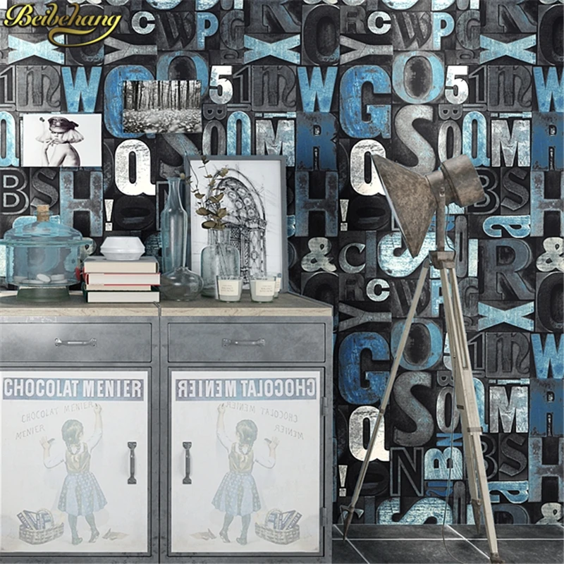 beibehang wallpaper stereo nostalgic English alphabet barber shop restaurant bar clothing store KTV background wall paper roll