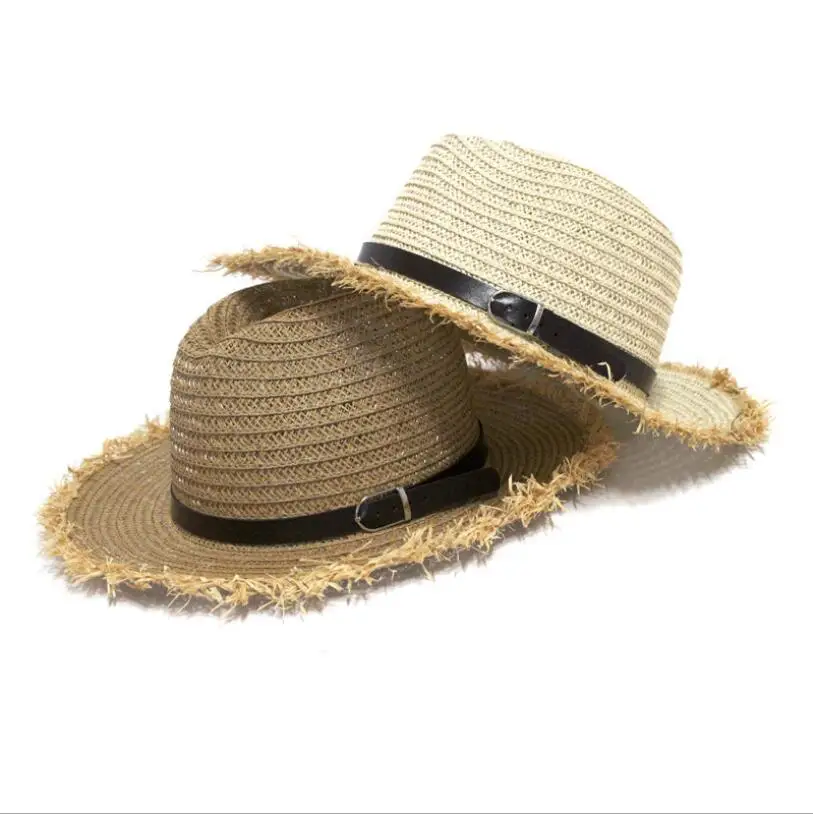 Women Natural Wide Brim Burr Raffia Straw Hats Fringe Women Plain Large Summer Belt Beach Caps Big Straw Cap chapeau 55-58cm