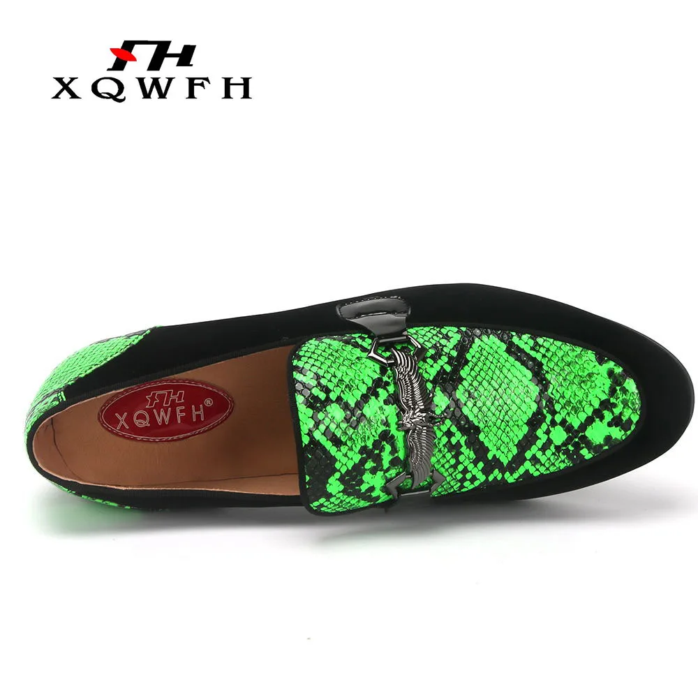 XQWFH Men Shoes Fashion Snake Leather Slip On Male Handmade Loafers Italy Style Men\'s Smoking Slippers Flats