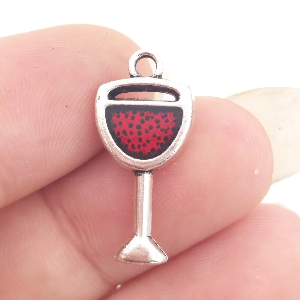 BULK 30 Zinc Alloy Enamel Red Wine Glass Charms Antique Silver Plated Beverage Goblet Pendants Wine Lover Jewlery 9*20mm 0.8g