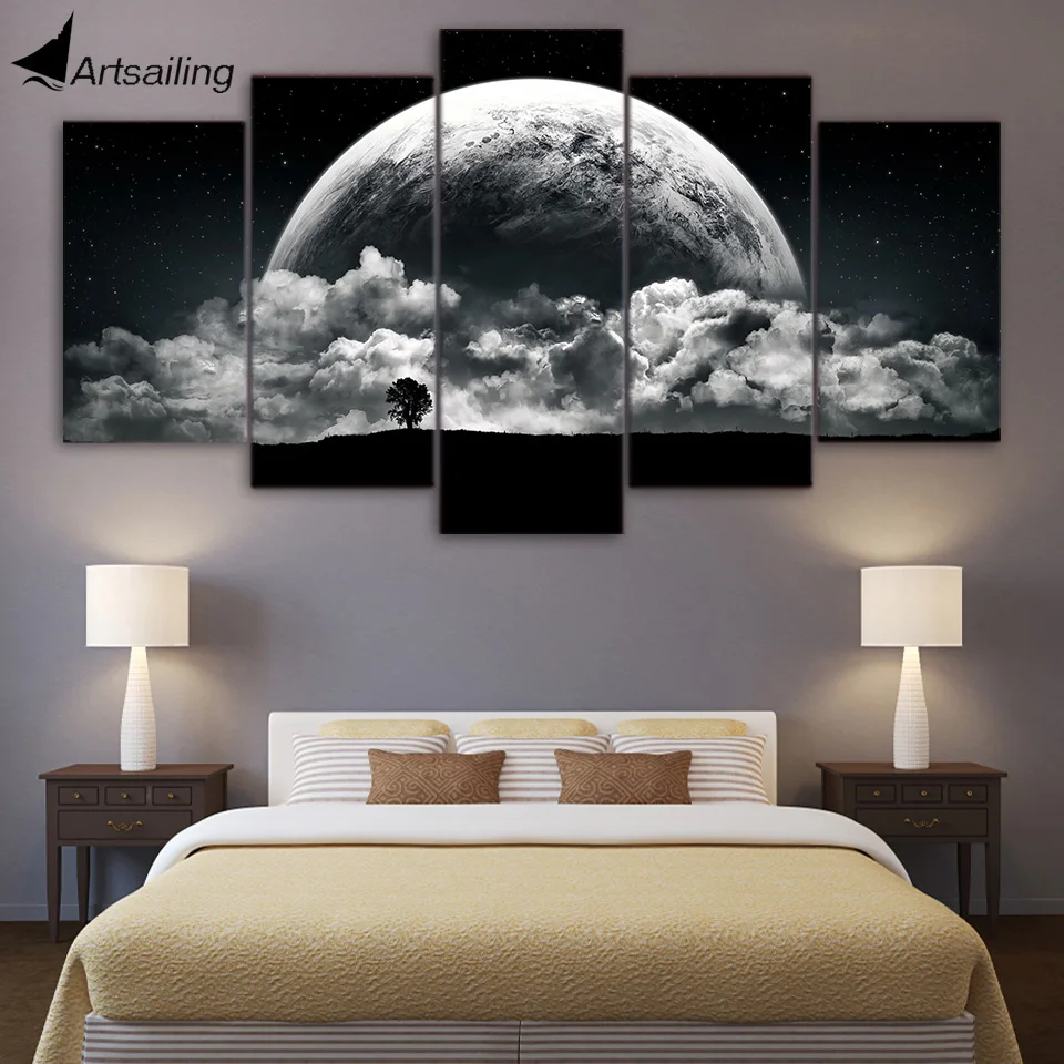 ArtSailing HD Canvas Paintings Printed 5 Pieces black white earth Wall Art Pictures For Living Room Bedroom Home Decor CU-1424A