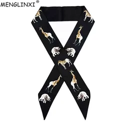 Giraffe Elephant Print Skinny Scarf For Women Luxury Brand Silk Foulard Women Tie New Fashion Head Scarves  Belt For Ladies