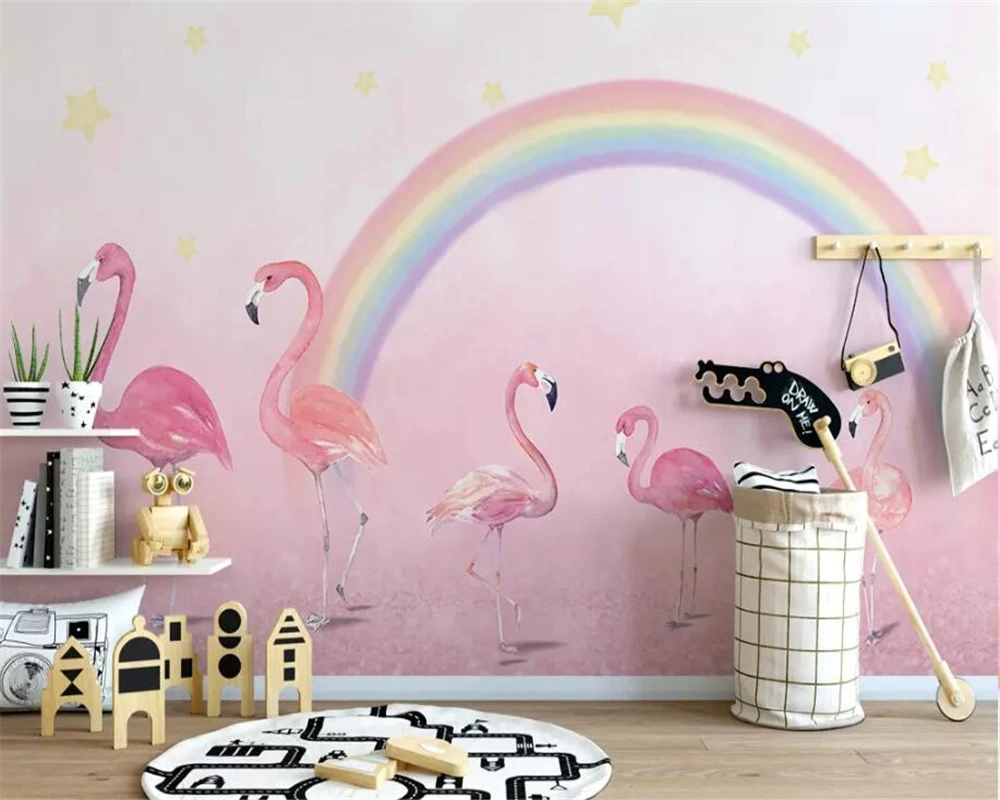 Custom wallpaper Hand-painted flamingo rainbow children's room wallpaper kindergarten background wall 3d wallpaper