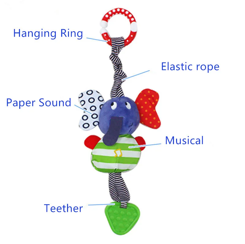 Chocalhos do bebê por atacado infantil crianças música elefante pendurado mão cama carrinho macio bonecas brinquedos educativos mordedor chocalhos b0968
