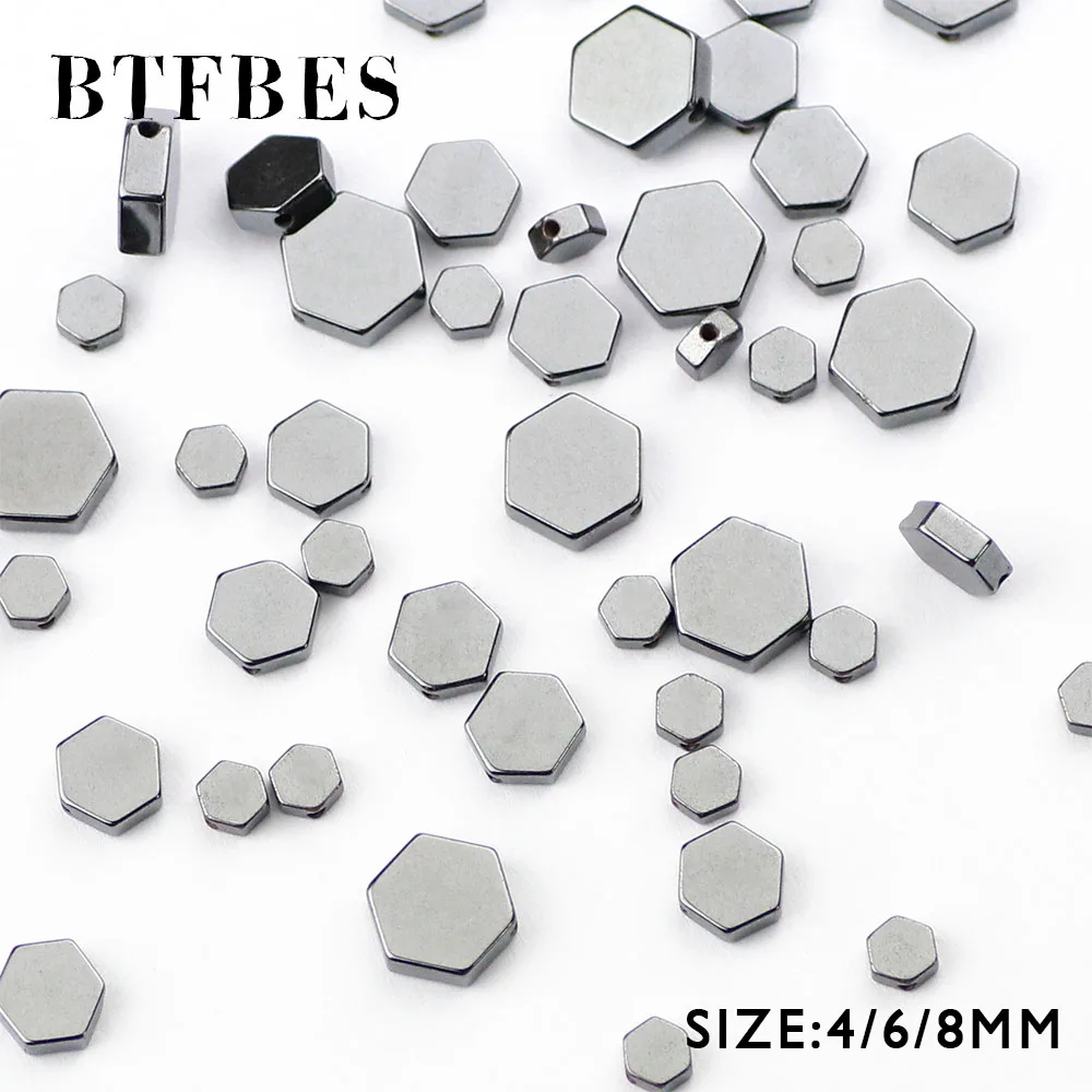 BTFBES Hexagon Natural Black Hematite Stone Bead Round Loose Beads Stone Selectable 4/6/8MM bead For Bracelet Jewelry Making DIY