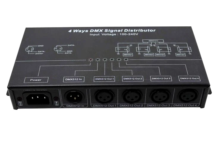 

DMX512 4-канальный светодиодный фонарь (выход 4 канала);AC100 ~ 240 В; 1-канальный вход сигнала DMX512; 4-канальный выход сигнала DMX512