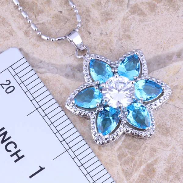 Angelic Sky Blue Cubic Zirconia White CZ Silver Plated Jewelry Sets Earrings Pendant Ring S0437