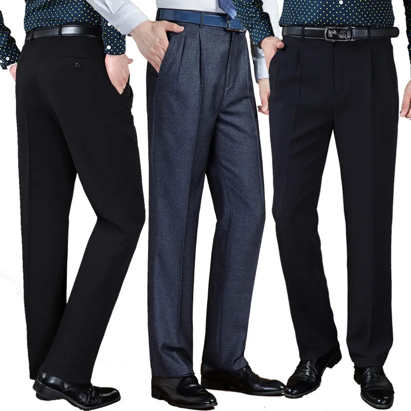 

Autumn Winter Thick Double Pleated Dress Trousers Men High Waist Loose Business Casual Suit Trousers Middle-aged Mens Suit Pants