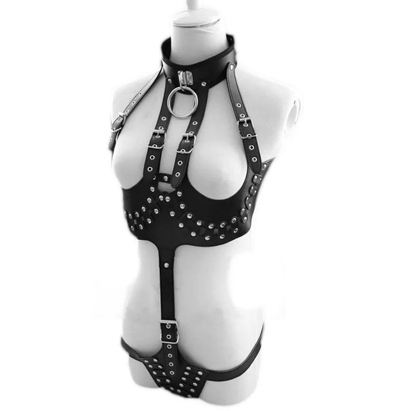 Women Studded PU Leather Cupless Teddy Open Breast Body Harness Fetish Wear Bodysuit Mistress Role Play Costume