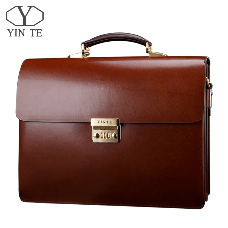 YINTE Leather Men\'s Briefcase Leather Business Bag Men\'s Laptop Bag Lawyer Handbag Document Thicker Men Totes Portfolio T8191-6