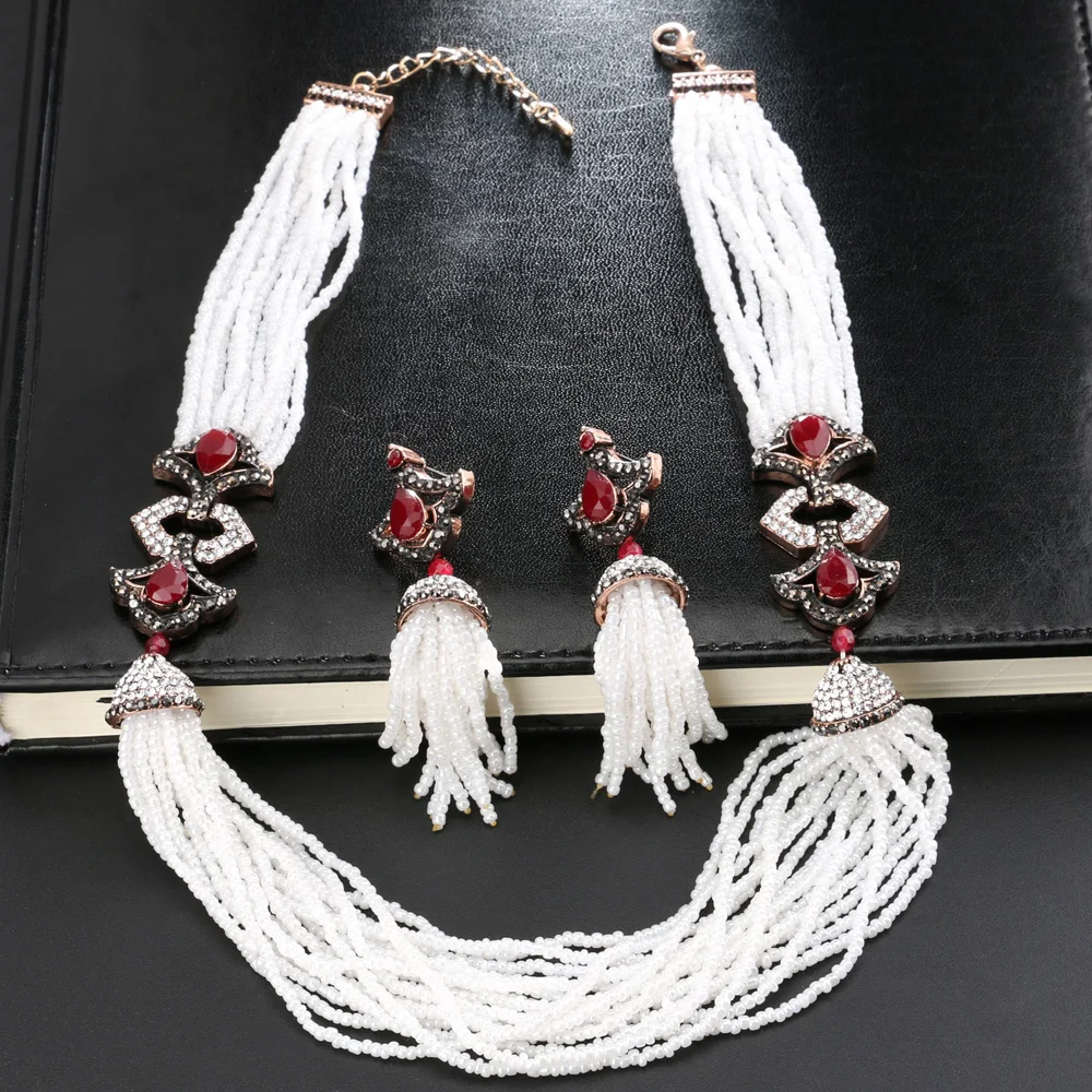 2 Pcs/lot Luxury African Beads Jewelry Set Vintage Red Stone Long Tassel Statement Necklace Earrings For Women