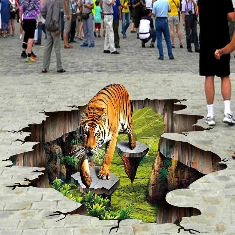 3D Stereo Lifelike Tiger Flooring Mural Wallpaper Park Outdoor 3D Floor Tiles Sticker Non-slip Waterproof Thickened 3D Sticker