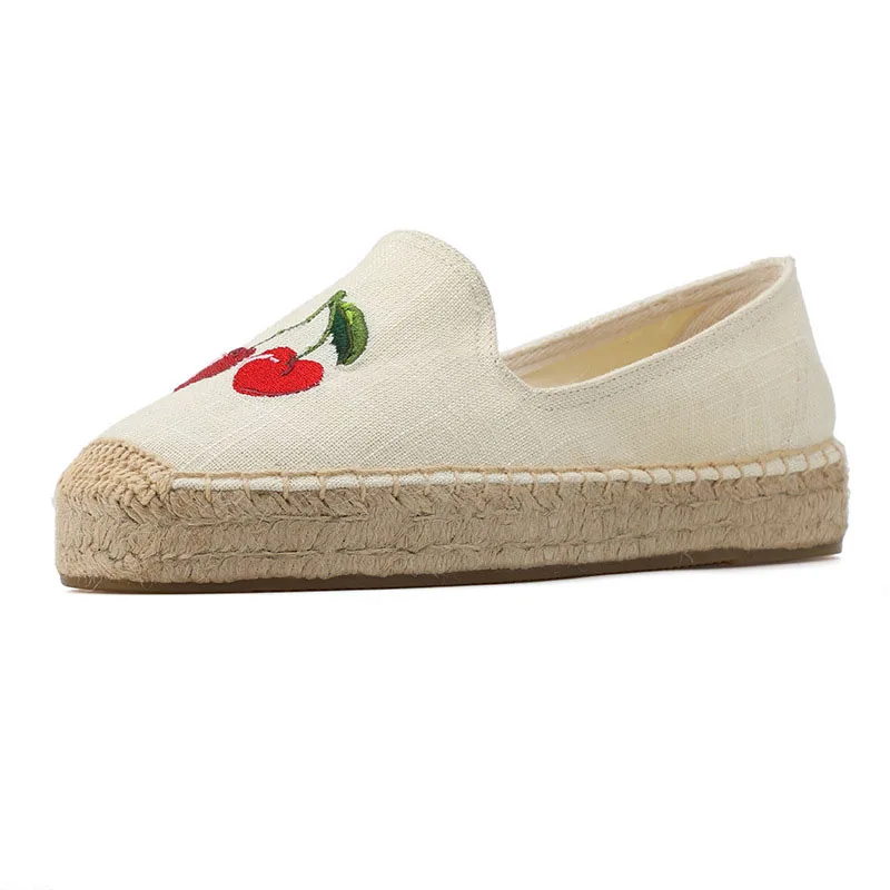 DZYM Summer Cherry Embroidery Women Fisherman Shoes Straw-woven Loafers Flax Flats Leisure Linen Flax Lady Canvas Espadrilles