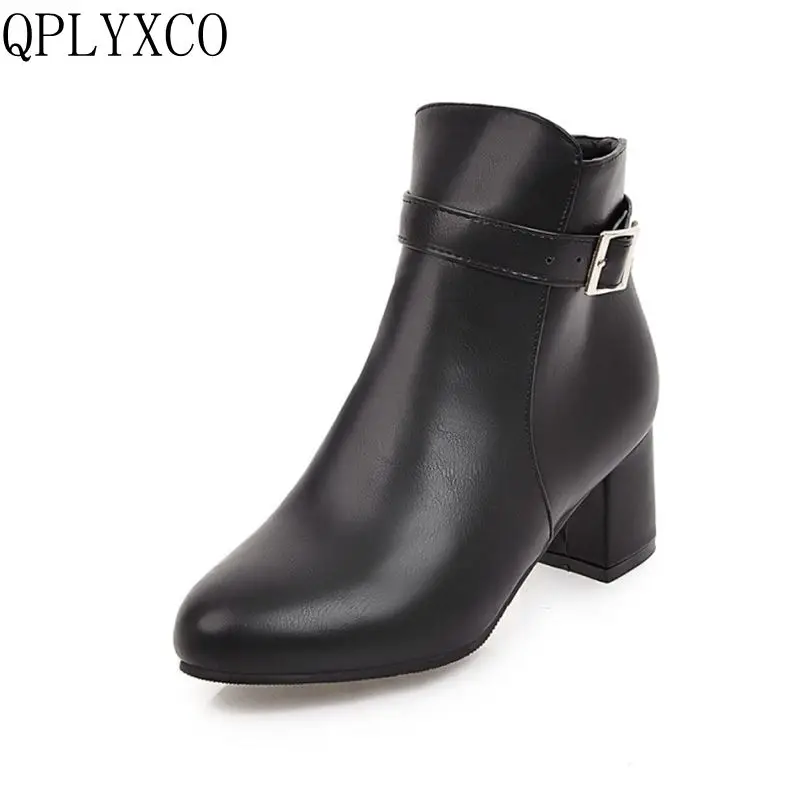 QPLYXCO Ankle Boots Women New Fashion High Heels Round Toe Zip Big Small Size 31-45 Spring Autumn Winter Zipper Short Boots 3-9