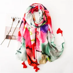 2022 Autumn Winter Spain Fashion Oil Painting Floral Tassel Viscose Shawl Scarf Women Print Warm Hijabs and Wraps Muslim Sjaal