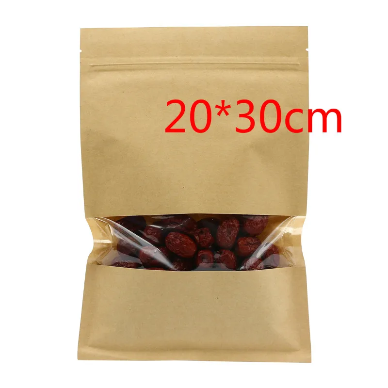 

50Pcs/ Lot 20*30cm Snack Storage Kraft Paper Zipper Packing Pack Bag Heat Seal Zip Lock Pouches Package With Window