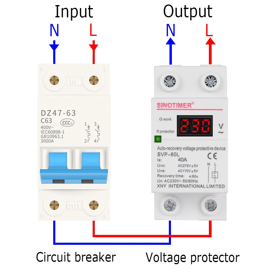 Home Usage 40A 63A Din Rail 230Vac 50Hz Automatic Reset Over and Under Voltage Protective Device Protector Relay