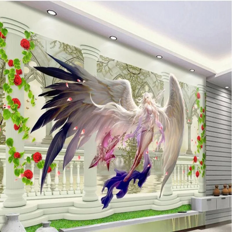 

wellyu Custom large - scale murals 3d stereo Roman column space beauty angel background wall non - woven wallpaper