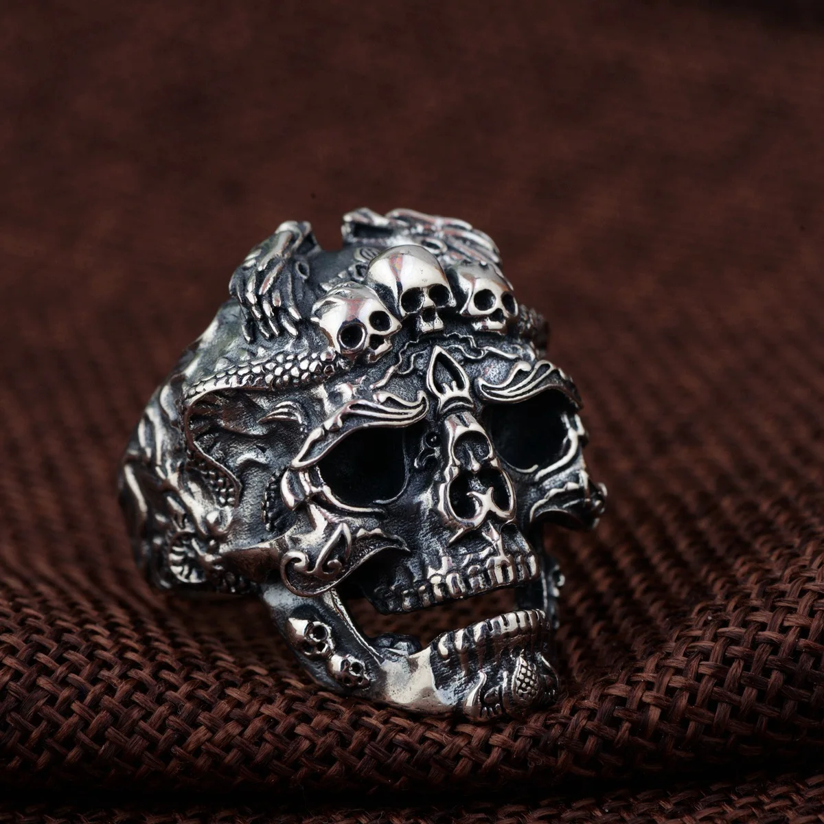 

100% S925 Silver Vintage Thai Silver Men's Dragon Skull Open Ring