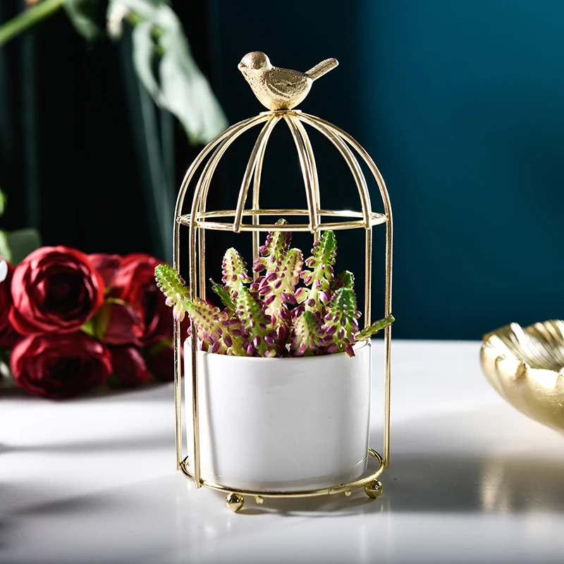 

Birdcage Design Ceramic Planter Porcelain Flowerpot with Metal Shelf Decorative Vase Container Holder Home Table Decoration