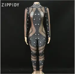 Fashion Black Rhinestones Long Sleeves Jumpsuit Women's Party Bodysuit Spandex Outfit Evening Female Singer Dance Wear