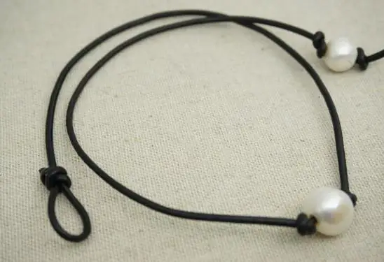 Leather Pearl Choker Necklace,White Color Freshwater Pearl Black Leather Necklace,Birthday Wedding Girl Women Gift Jewelry image 2