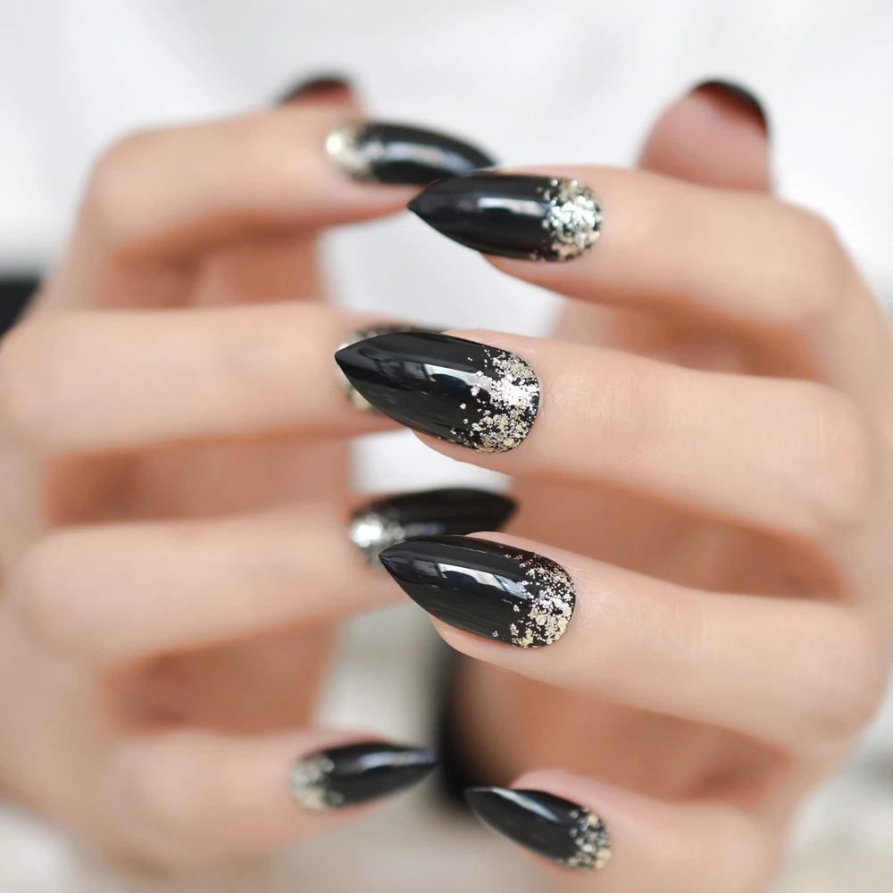 Purpurina Stiletto uñas negro puro medio uñas plata polvo decoración uñas acrílico pre-diseñado punta más afilada