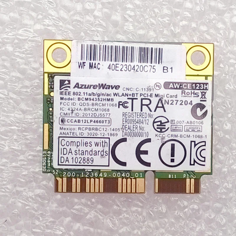 

AzureWave AW-CE123H BCM94352HMB 802.11a/b/g/n/ac/867Mbps WLAN + BT4.0 Half Mini PCI-E Card