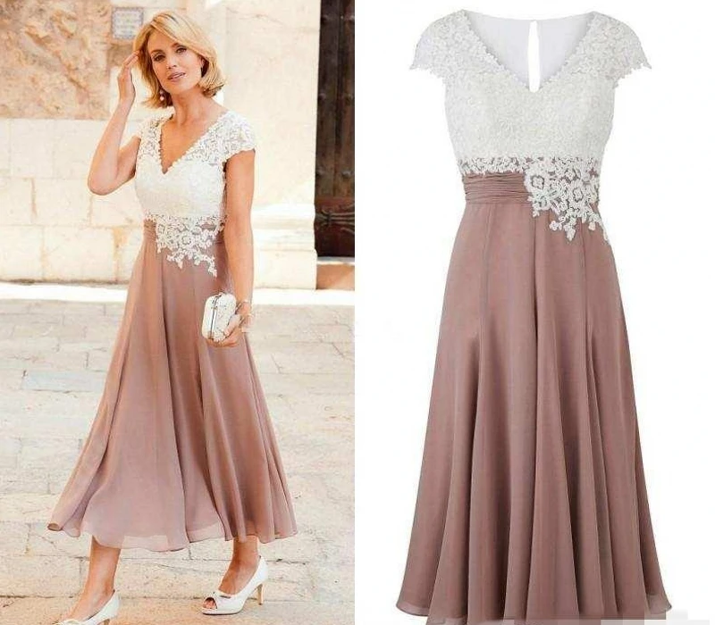 2025 Mother of the Bride Dress Deep V Neck Chiffon Ankle Length Wedding Guest Gowns Short Sleeves Top Lace Groom Party Wear