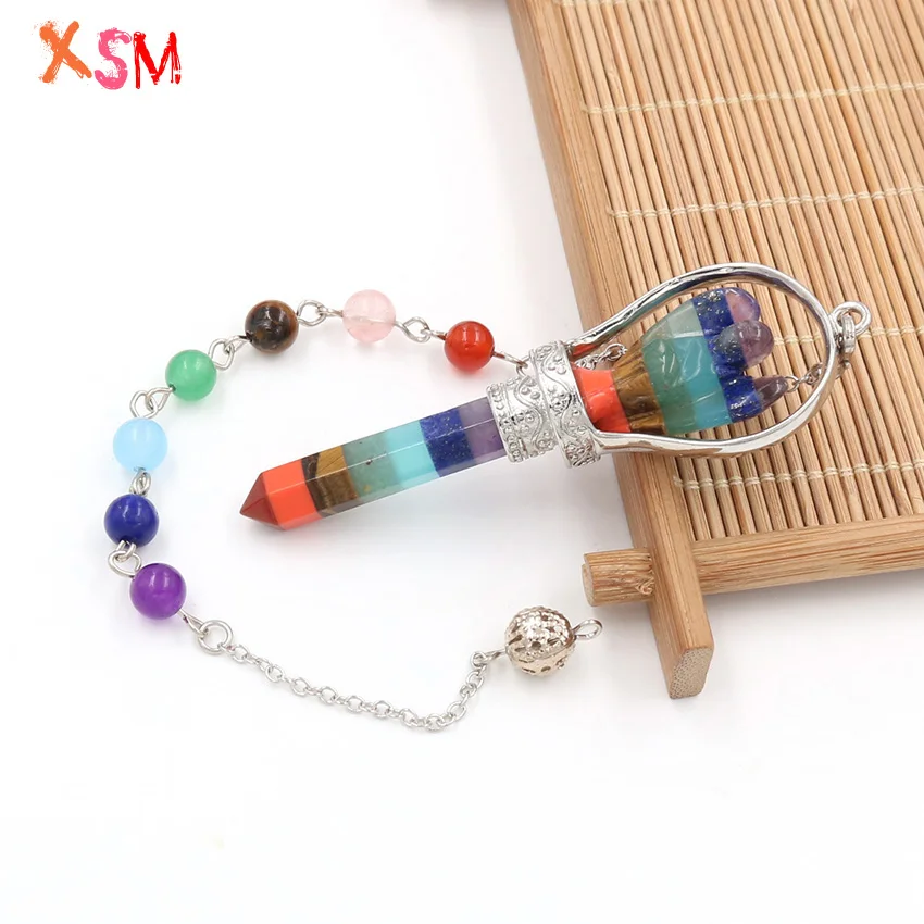 xinshangmie Chakra Hexagon Prism Angel Scepter Pendant Reiki Charm Healing Layered Pendulum Pendant With Chakra Beads Chain 1pcs