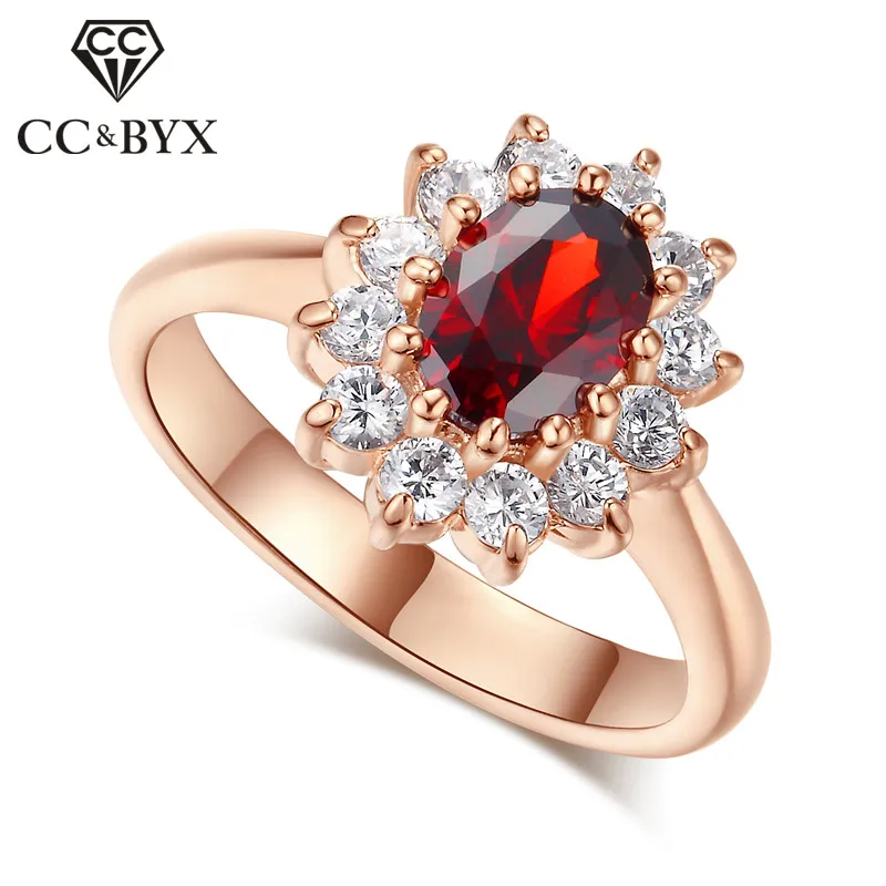 CC Jewelry Princess Diana Rings For Women Luxury Rose Gold Color Red CZ Stone Party Engagement Bijoux Bridal Wedding CC625