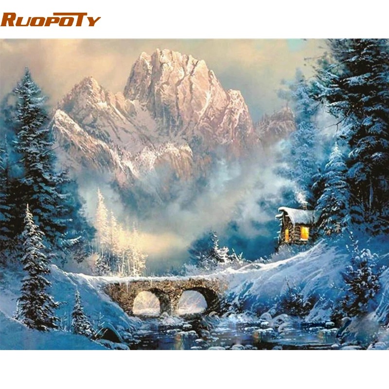 

RUOPOTY Frame Mountain House DIY Painting By Number Modern Landscape Calligraphy Painting Acrylic Paint By Number For Home Decor