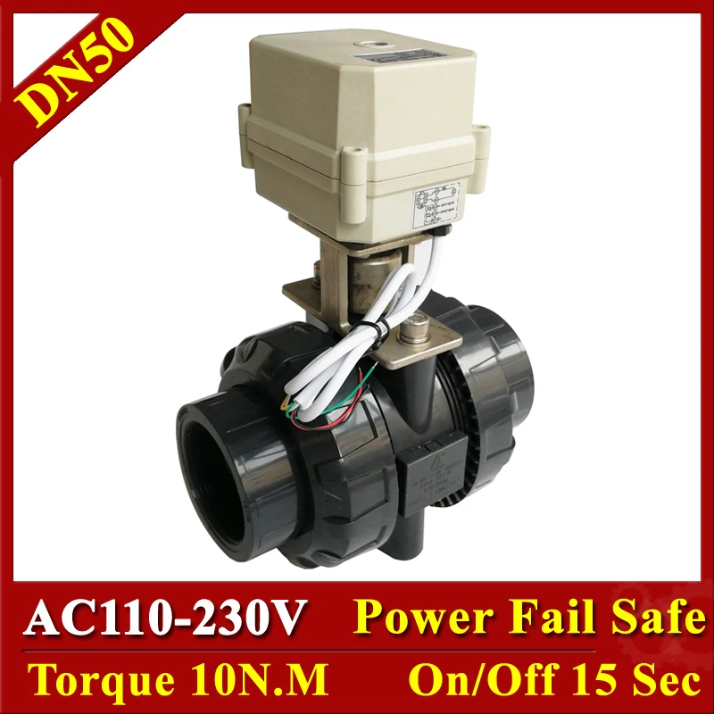 

Tsai Fan UPVC 2" Normally Close/Open Motorized Ball Valve AC110V AC220V 2/5 Wires DN50 Electric Power Off Return Valve CE