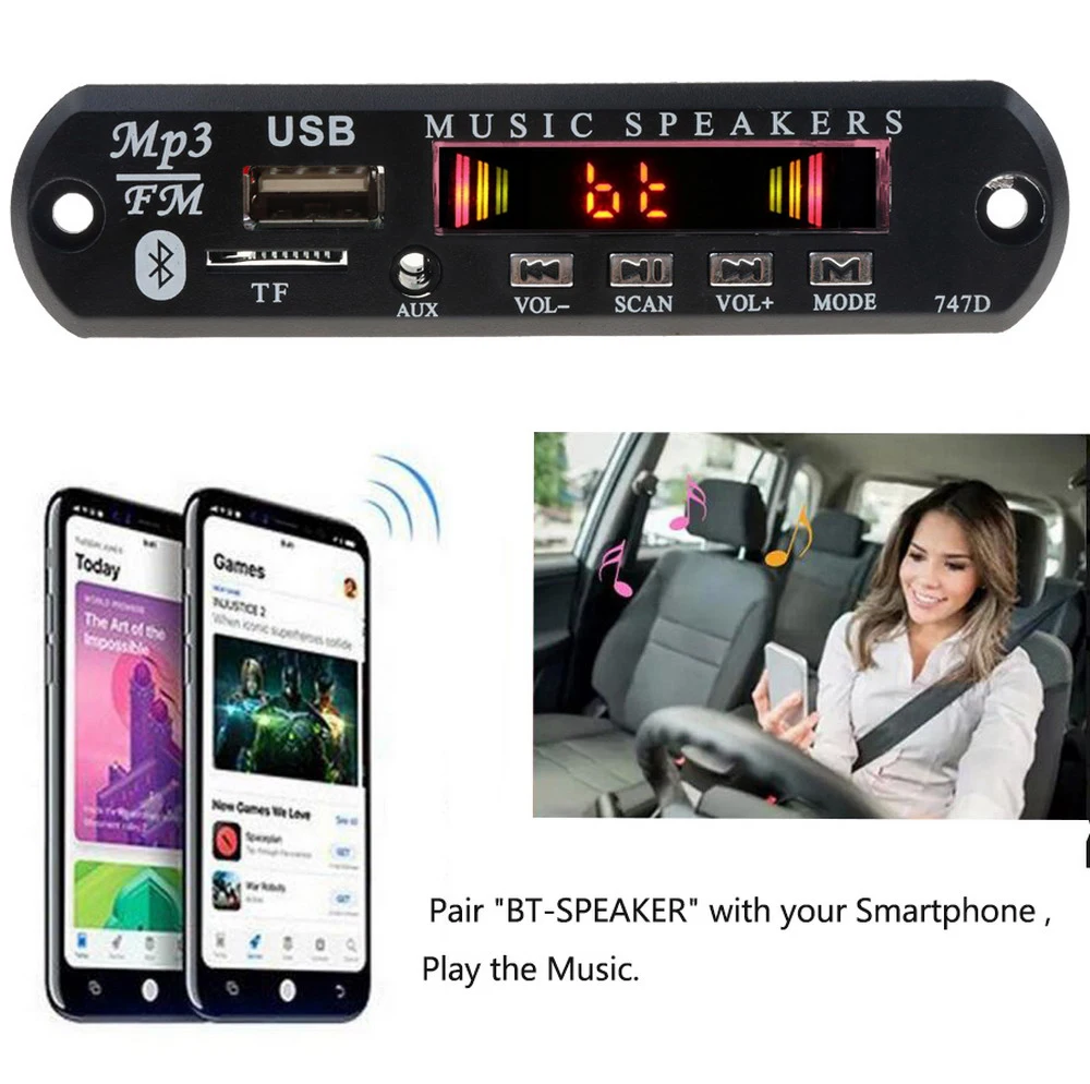 Bluetooth Car Kit 5V 12V Wireless FM Receiver Mp3 Player Decoder Board USB 3.5MM music Player DIY Car Speaker Modification